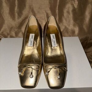 Jimmy Choo Gold Metallic Square-Toe Ballet Flats with Bow & Charms